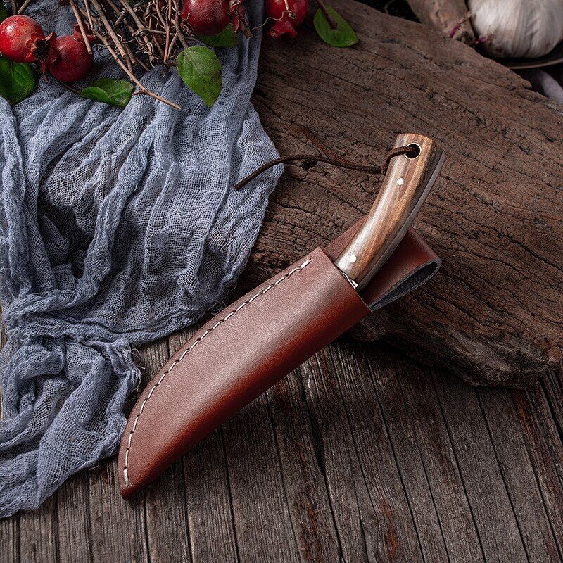 Fixed Blade Hunting Knife with Wooden Handle and Damascus Pattern Kitchen Knife with Sheath