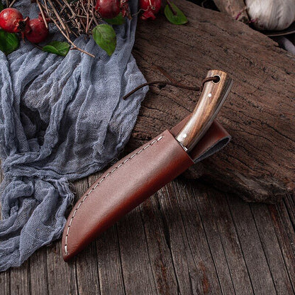 Fixed Blade Hunting Knife with Wooden Handle and Damascus Pattern Kitchen Knife with Sheath