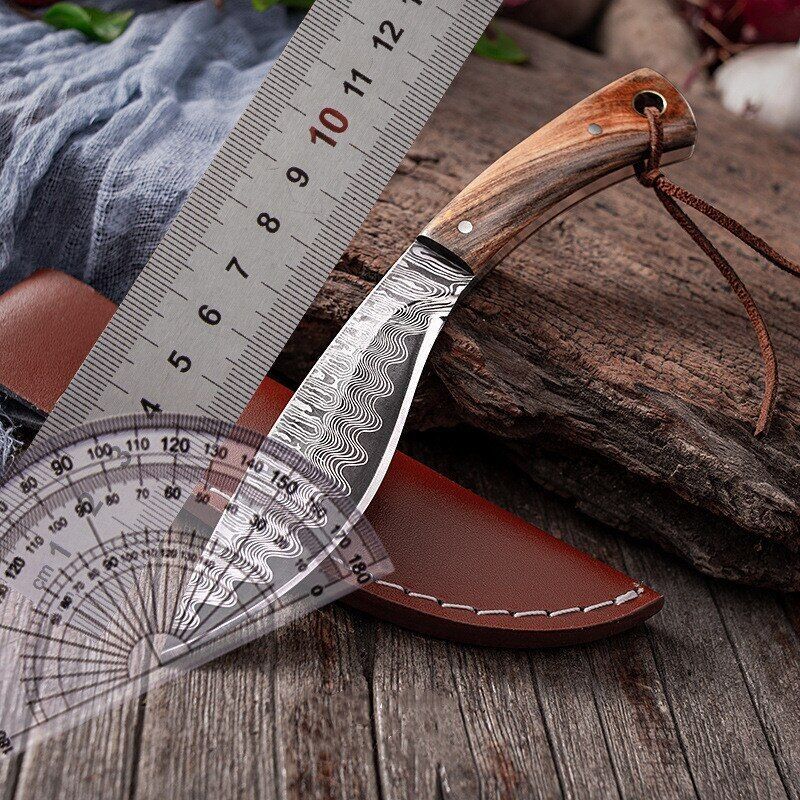 Fixed Blade Hunting Knife with Wooden Handle and Damascus Pattern Kitchen Knife with Sheath