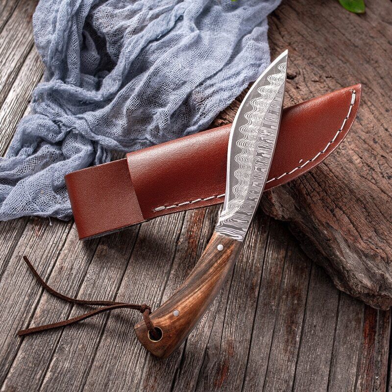 Fixed Blade Hunting Knife with Wooden Handle and Damascus Pattern Kitchen Knife with Sheath