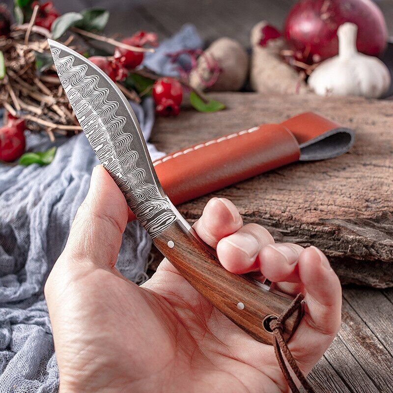Fixed Blade Hunting Knife with Wooden Handle and Damascus Pattern Kitchen Knife with Sheath
