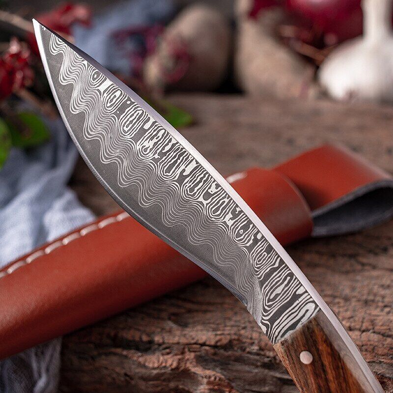 Fixed Blade Hunting Knife with Wooden Handle and Damascus Pattern Kitchen Knife with Sheath