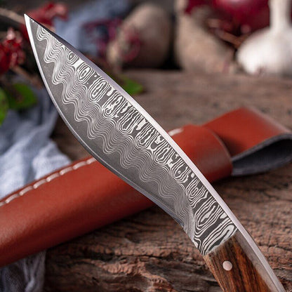 Fixed Blade Hunting Knife with Wooden Handle and Damascus Pattern Kitchen Knife with Sheath