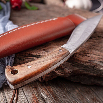 Fixed Blade Hunting Knife with Wooden Handle and Damascus Pattern Kitchen Knife with Sheath