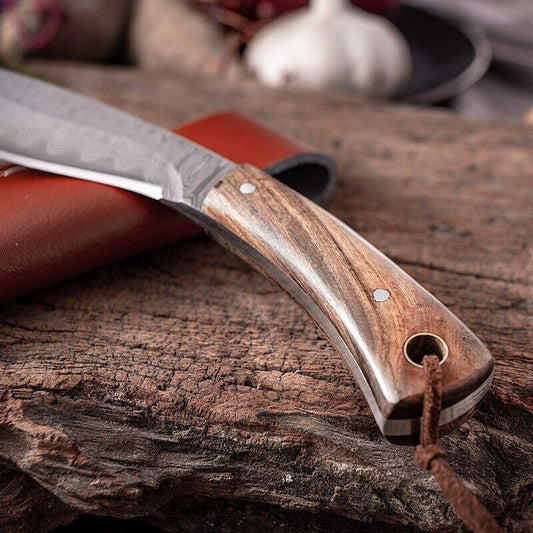 Fixed Blade Hunting Knife with Wooden Handle and Damascus Pattern Kitchen Knife with Sheath