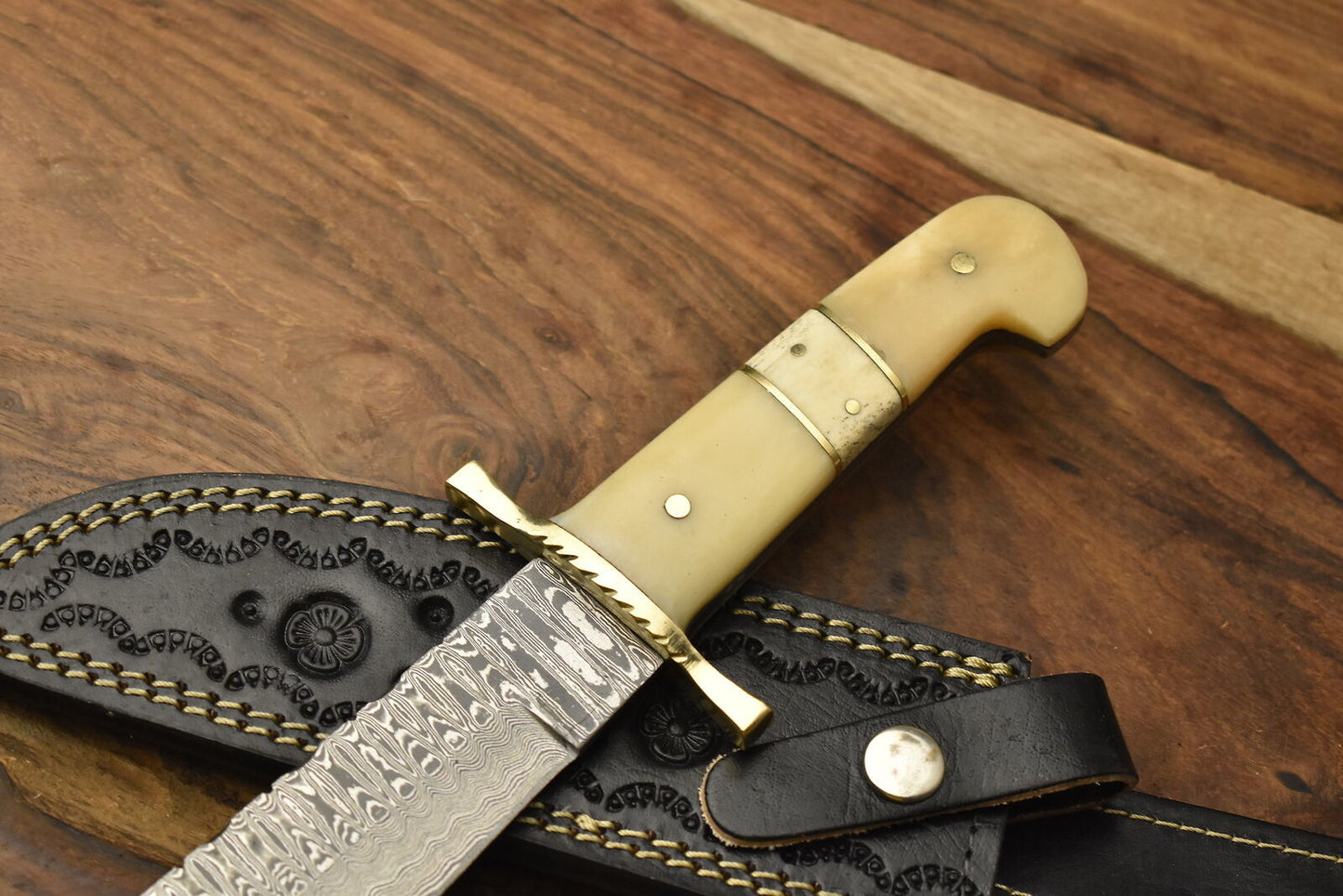 Handmade Damascus Steel Bowie Knife Camel Bone Handle Brass Guard