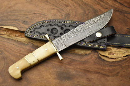 Handmade Damascus Steel Bowie Knife Camel Bone Handle Brass Guard