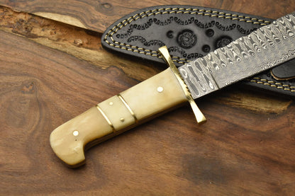 Handmade Damascus Steel Bowie Knife Camel Bone Handle Brass Guard