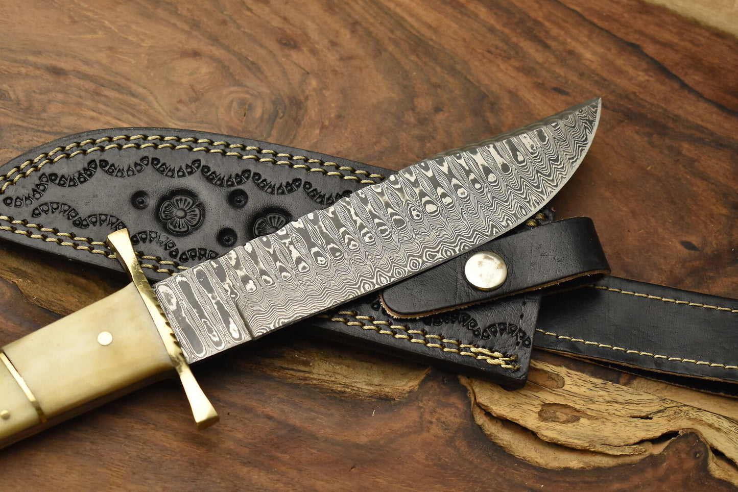Handmade Damascus Steel Bowie Knife Camel Bone Handle Brass Guard