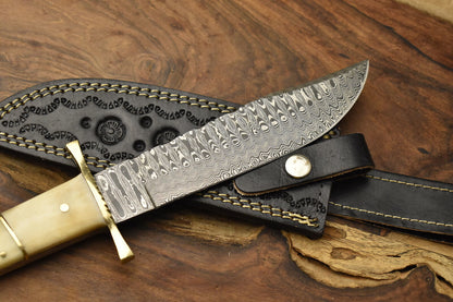 Handmade Damascus Steel Bowie Knife Camel Bone Handle Brass Guard
