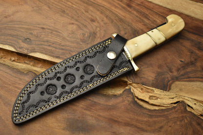 Handmade Damascus Steel Bowie Knife Camel Bone Handle Brass Guard