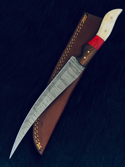 13" Handmade Damascus Fillet Knife – Camel Bone & Wood Handle, Twist Pattern Blade