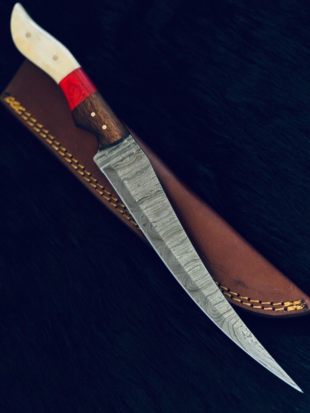 13" Handmade Damascus Fillet Knife – Camel Bone & Wood Handle, Twist Pattern Blade