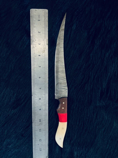 13" Handmade Damascus Fillet Knife – Camel Bone & Wood Handle, Twist Pattern Blade