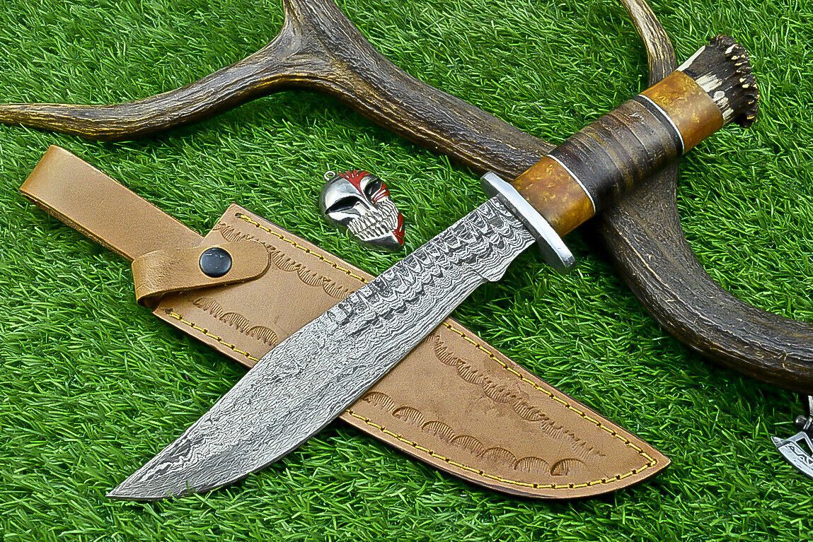 Heritage Forge Highland Stag 14 Inch Damascus Bowie Knife with Stag Resin Leather Handle