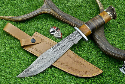 Heritage Forge Highland Stag 14 Inch Damascus Bowie Knife with Stag Resin Leather Handle