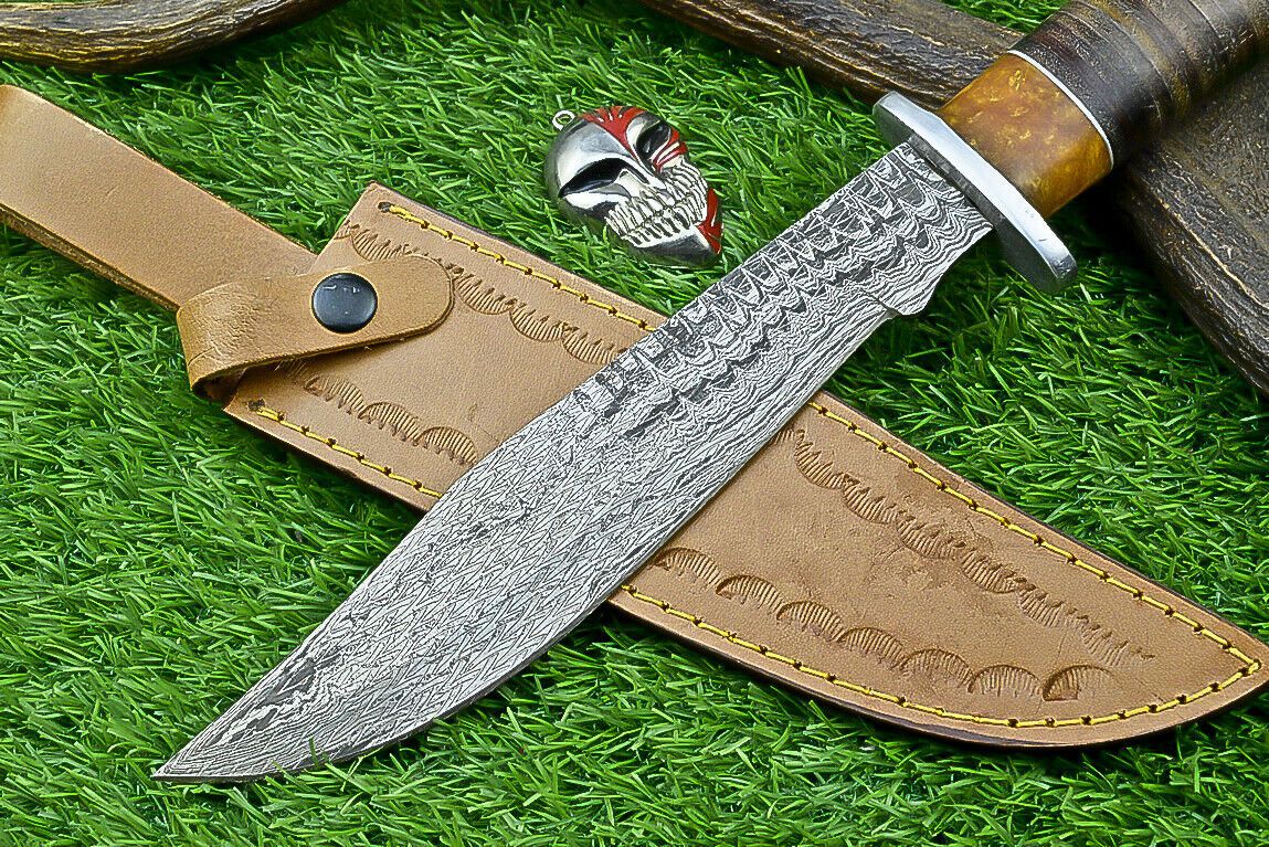 Heritage Forge Highland Stag 14 Inch Damascus Bowie Knife with Stag Resin Leather Handle
