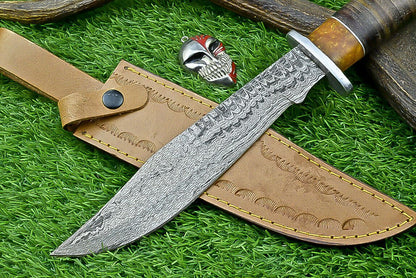 Heritage Forge Highland Stag 14 Inch Damascus Bowie Knife with Stag Resin Leather Handle