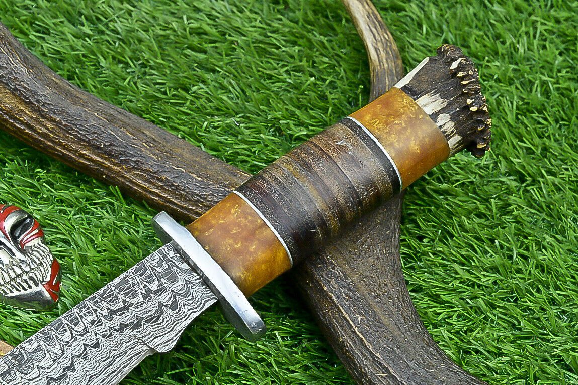 Heritage Forge Highland Stag 14 Inch Damascus Bowie Knife with Stag Resin Leather Handle