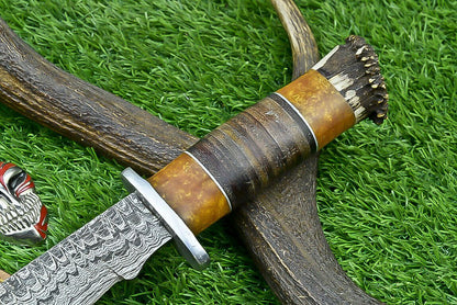Heritage Forge Highland Stag 14 Inch Damascus Bowie Knife with Stag Resin Leather Handle