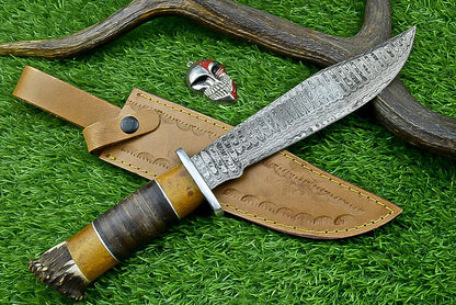Heritage Forge Highland Stag 14 Inch Damascus Bowie Knife with Stag Resin Leather Handle