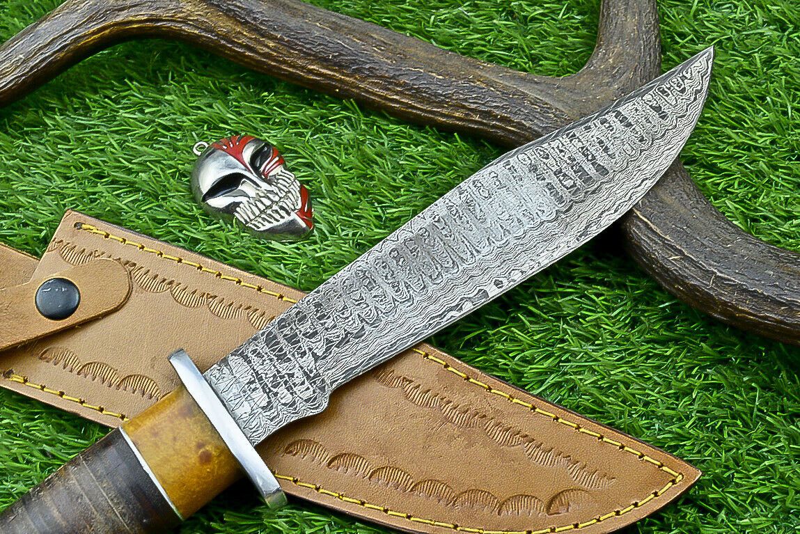 Heritage Forge Highland Stag 14 Inch Damascus Bowie Knife with Stag Resin Leather Handle