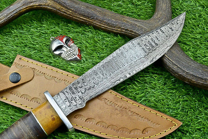 Heritage Forge Highland Stag 14 Inch Damascus Bowie Knife with Stag Resin Leather Handle