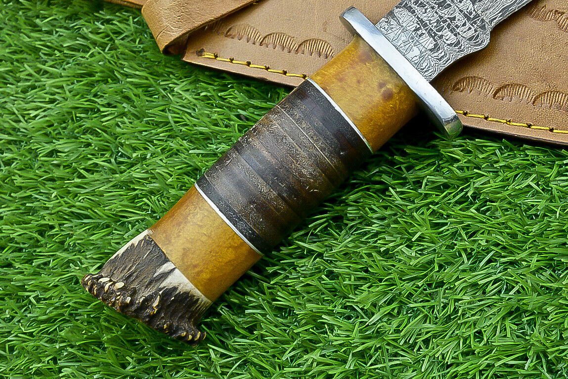 Heritage Forge Highland Stag 14 Inch Damascus Bowie Knife with Stag Resin Leather Handle