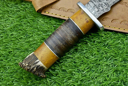 Heritage Forge Highland Stag 14 Inch Damascus Bowie Knife with Stag Resin Leather Handle