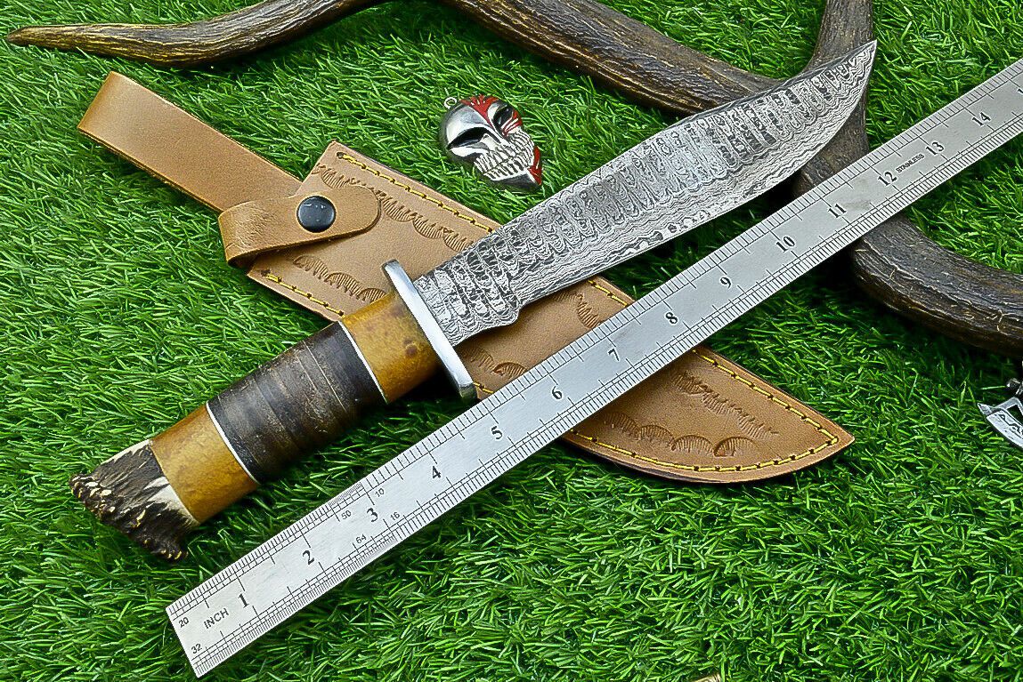 Heritage Forge Highland Stag 14 Inch Damascus Bowie Knife with Stag Resin Leather Handle