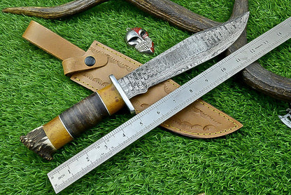 Heritage Forge Highland Stag 14 Inch Damascus Bowie Knife with Stag Resin Leather Handle