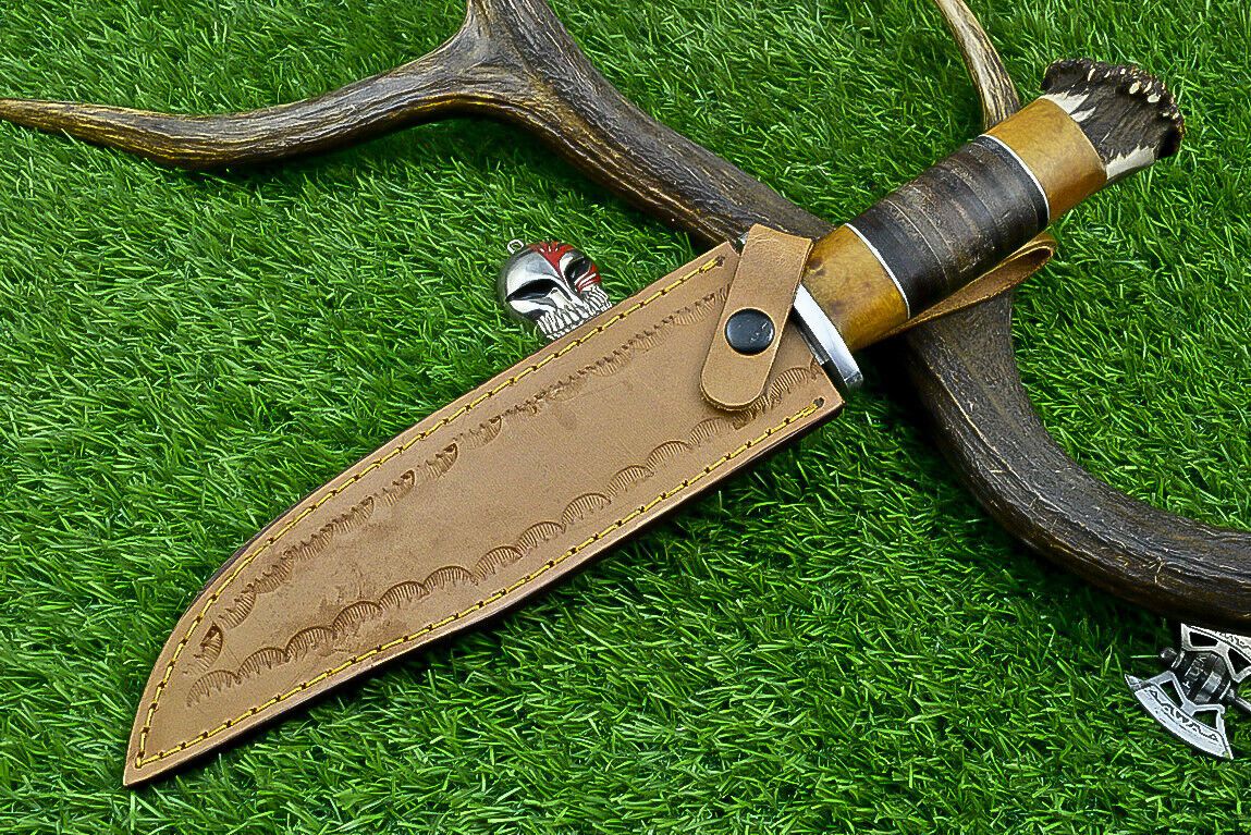 Heritage Forge Highland Stag 14 Inch Damascus Bowie Knife with Stag Resin Leather Handle