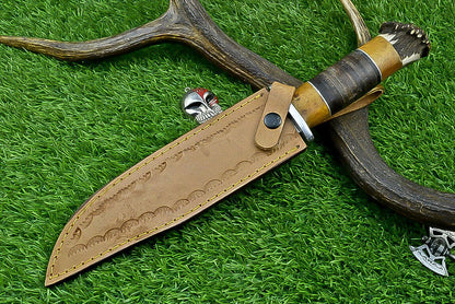 Heritage Forge Highland Stag 14 Inch Damascus Bowie Knife with Stag Resin Leather Handle