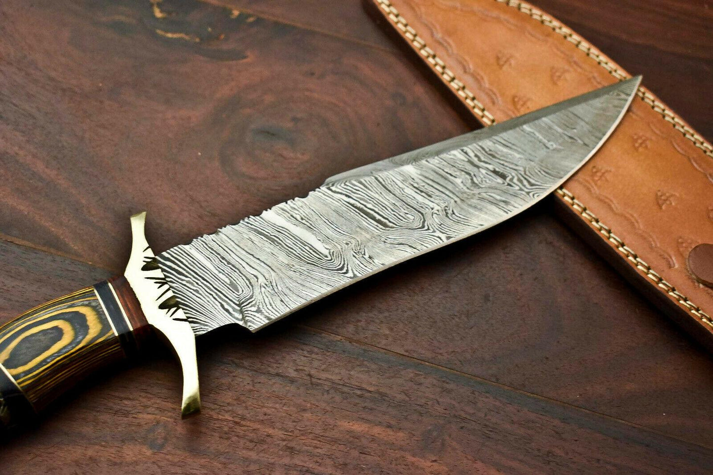 14.5" Damascus Bowie Knife with Hardwood Handle & Leather Sheath