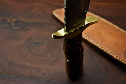 14.5" Damascus Bowie Knife with Hardwood Handle & Leather Sheath