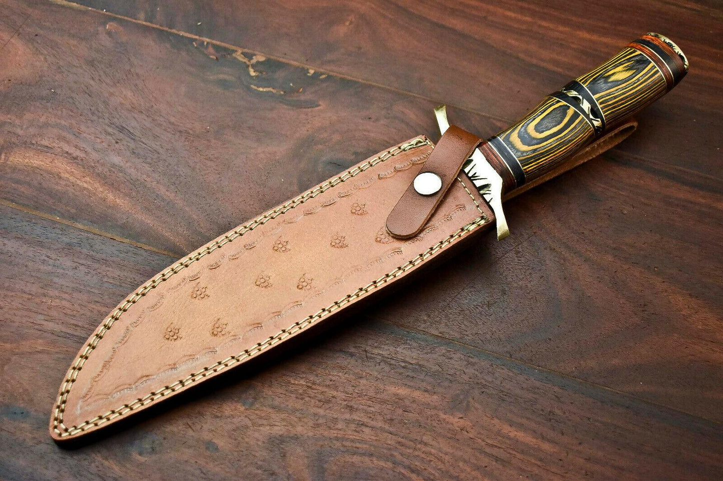 14.5" Damascus Bowie Knife with Hardwood Handle & Leather Sheath