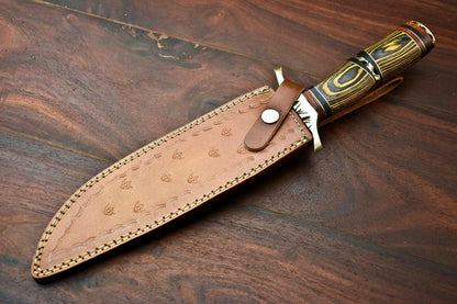 14.5" Damascus Bowie Knife with Hardwood Handle & Leather Sheath