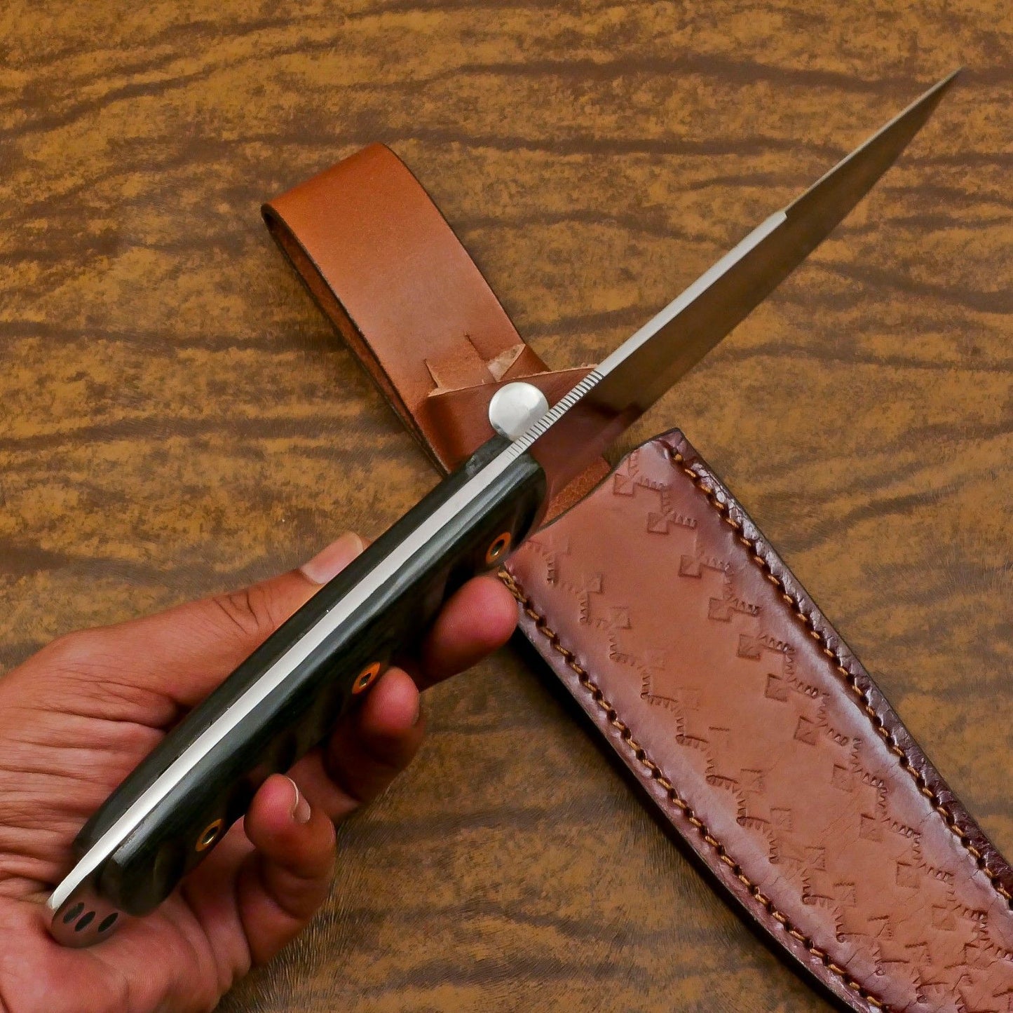 Handmade 12-Inch D2 Steel Full Tang Bowie Hunting Knife with Pakka Wood Handle