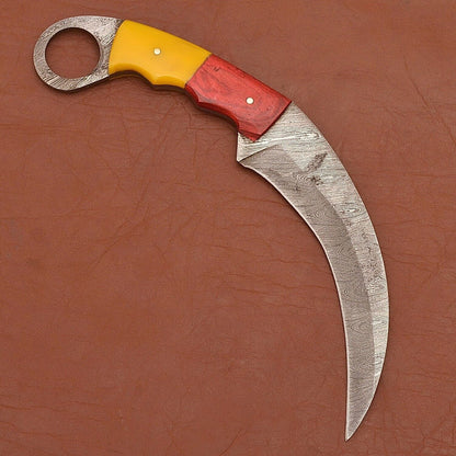Custom Handmade Damascus Karambit  Damascus Steel Karambit Knife with Wood & Resin Handle