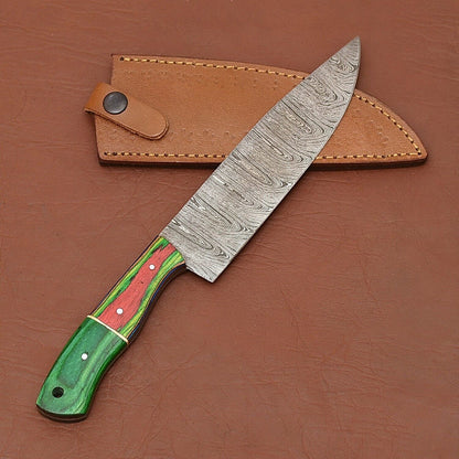 Damascus Steel 7" Chef Fillet Knife with Pakka Wood Handle & Leather Sheath