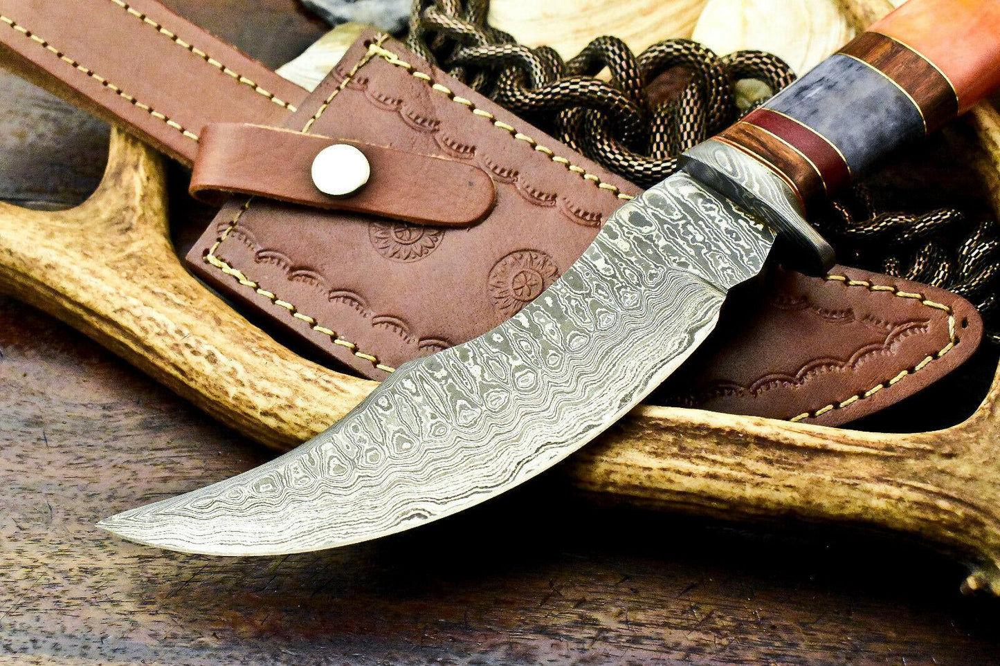 11.5" Handmade Damascus Bowie Knife – Camel Bone Handle & Leather Sheath