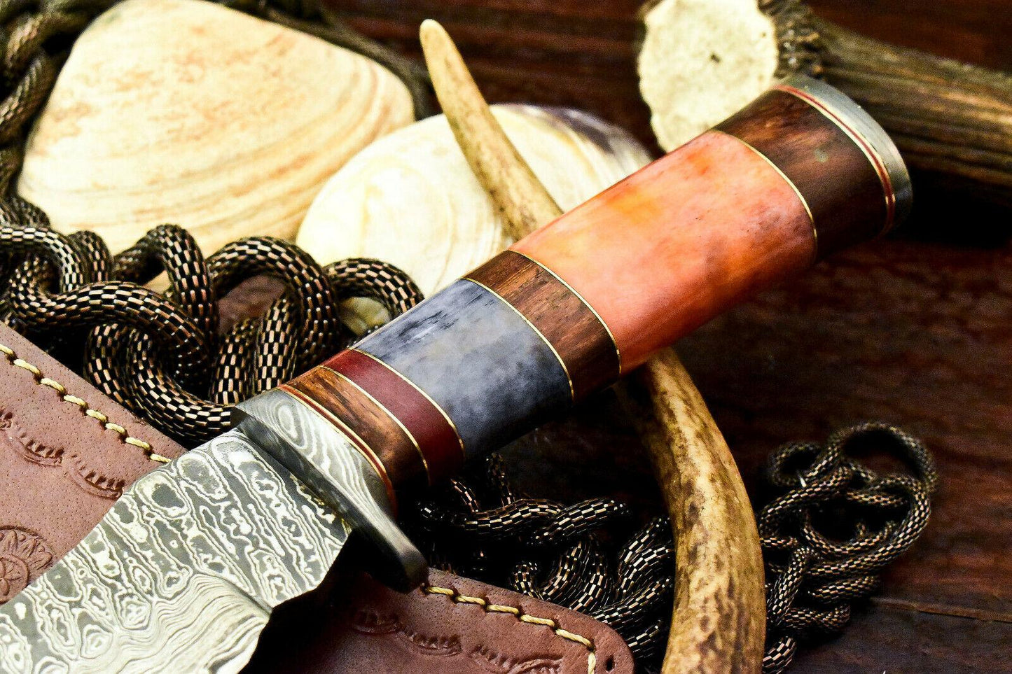 11.5" Handmade Damascus Bowie Knife – Camel Bone Handle & Leather Sheath