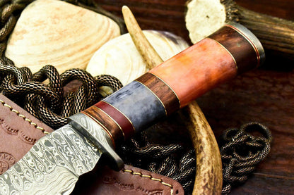 11.5" Handmade Damascus Bowie Knife – Camel Bone Handle & Leather Sheath