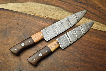 Lot Of 2 Handmade Damascus Steel Blade Chef Set Knife