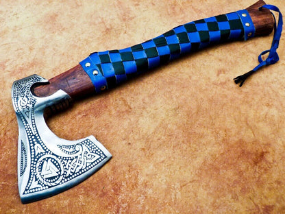 Custom Hand Forged Carbon Steel Viking Bearded Camping Axe 17" Hatchet Tomahawk with Wood Handle and Leather Sheath