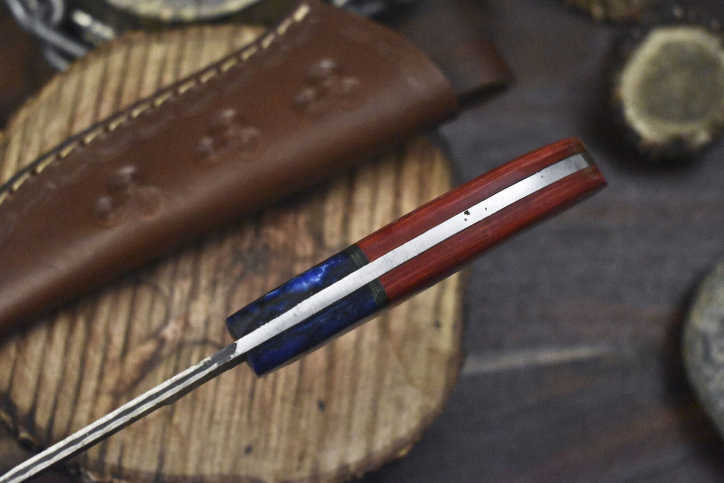 Forged Ladder Damascus Skinner Knife with Hardwood Handle and Micarta Bolster