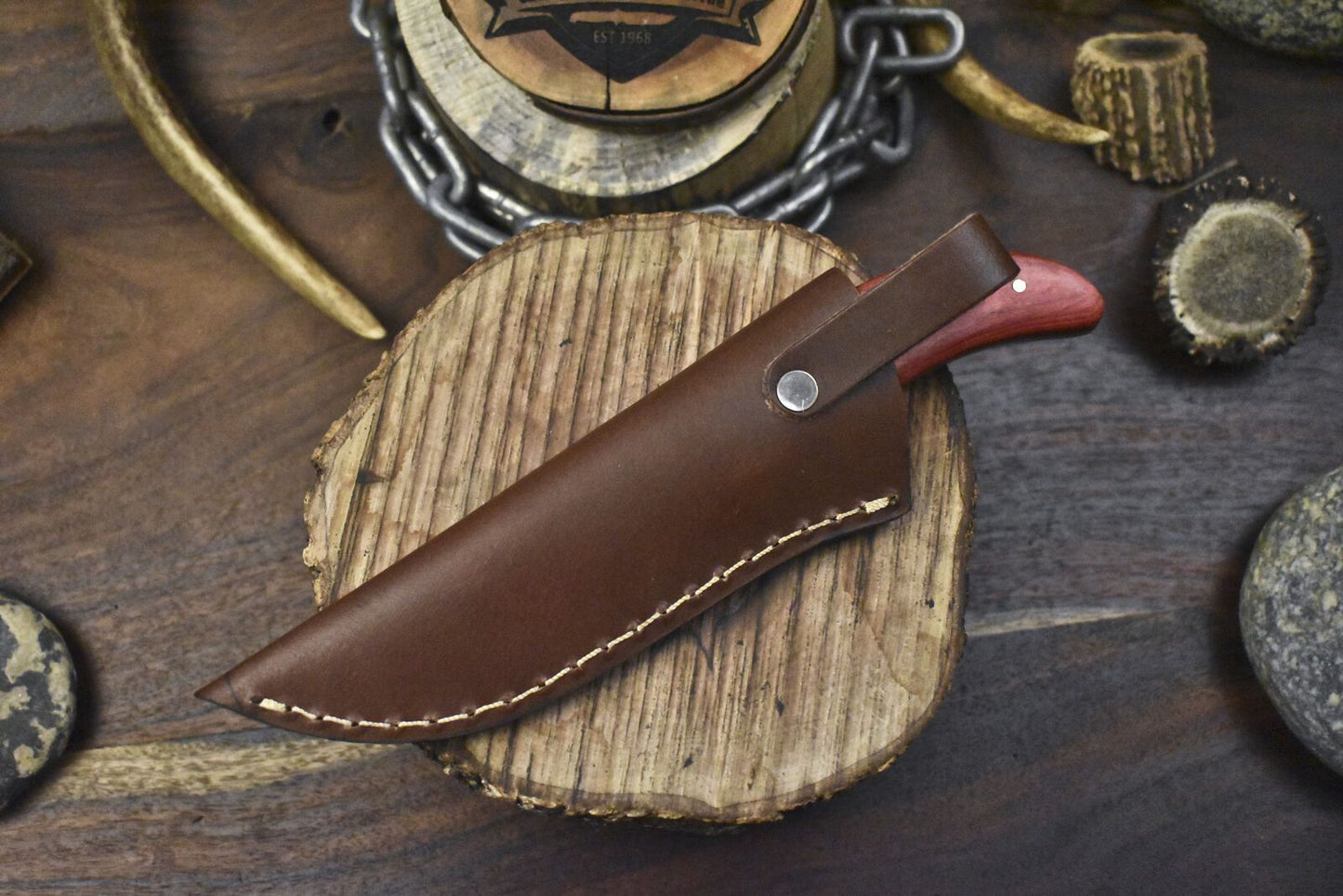 Forged Ladder Damascus Skinner Knife with Hardwood Handle and Micarta Bolster