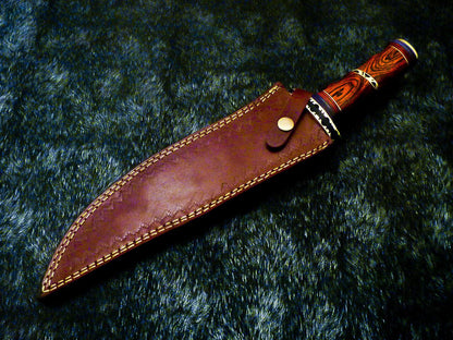 15" Hand-Forged Damascus Bowie Hunting Knife – Hardwood Handle with Brass Bolster