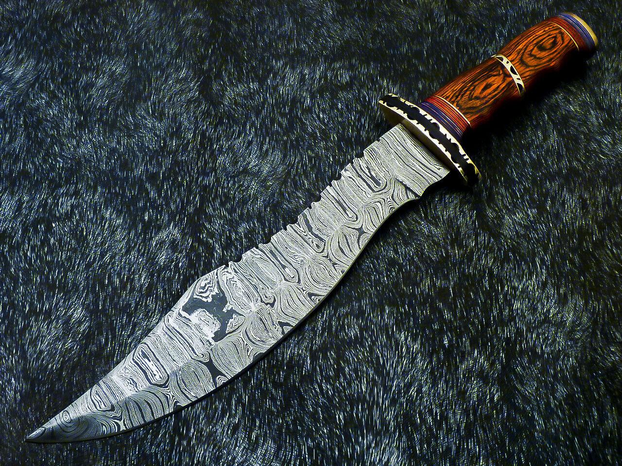 15" Hand-Forged Damascus Bowie Hunting Knife – Hardwood Handle with Brass Bolster