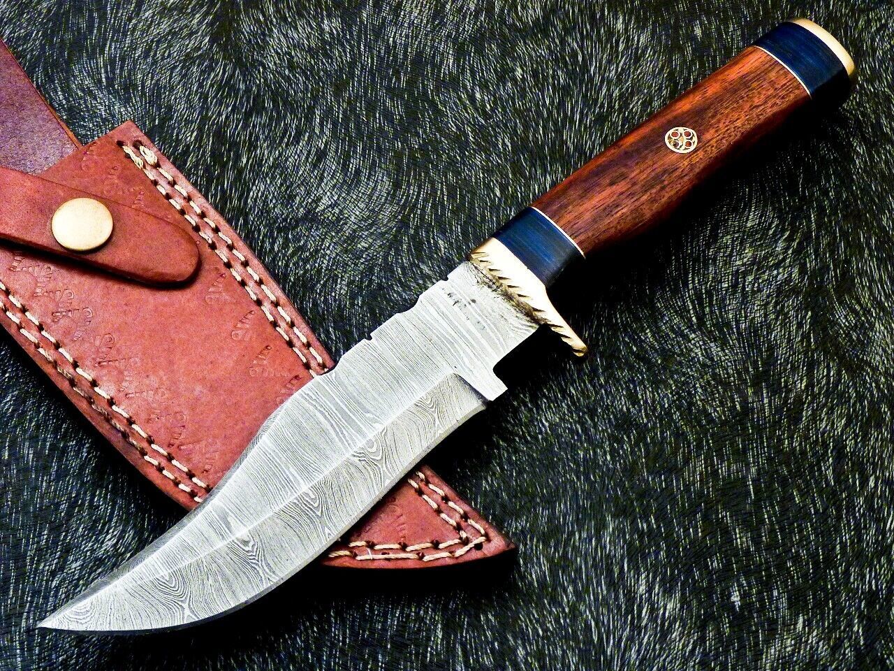 Heritage Forge 10 Inch Handmade Damascus Steel Bowie Hunting Knife with Wood and Brass Handle